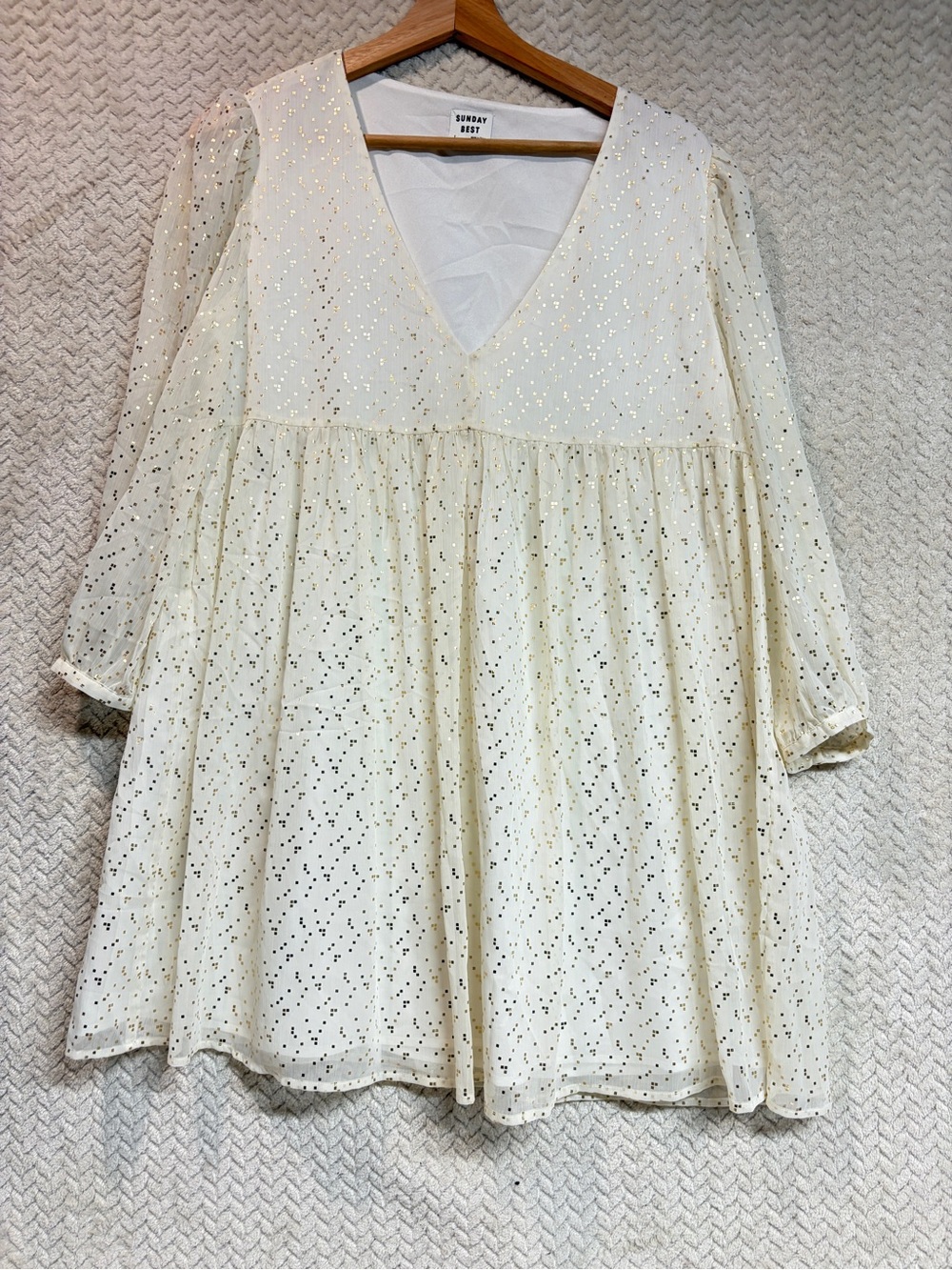 Aritzia Sunday Best Gold Foil Dot Mini Babydoll Dress Small V-Neck Boho Holiday - Picture 7 of 11